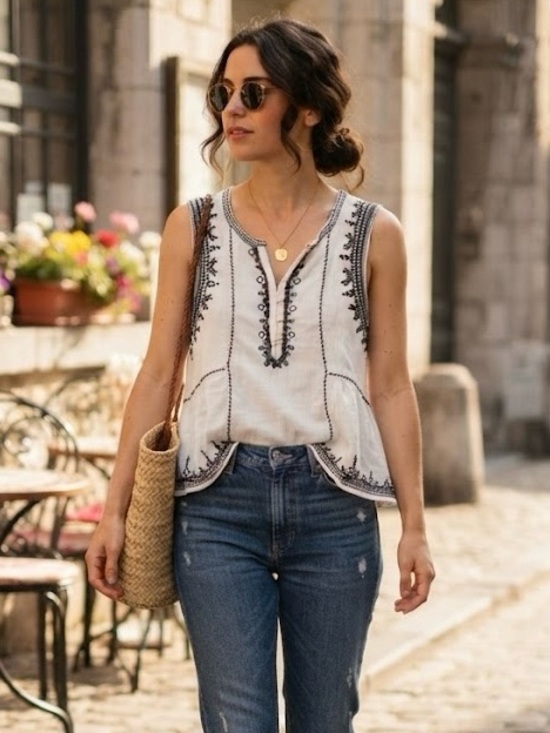 Dex Tops - Dex White Black Embroidered Peasant Tank Top Sleeveless Blouse Boho Hippie Chic